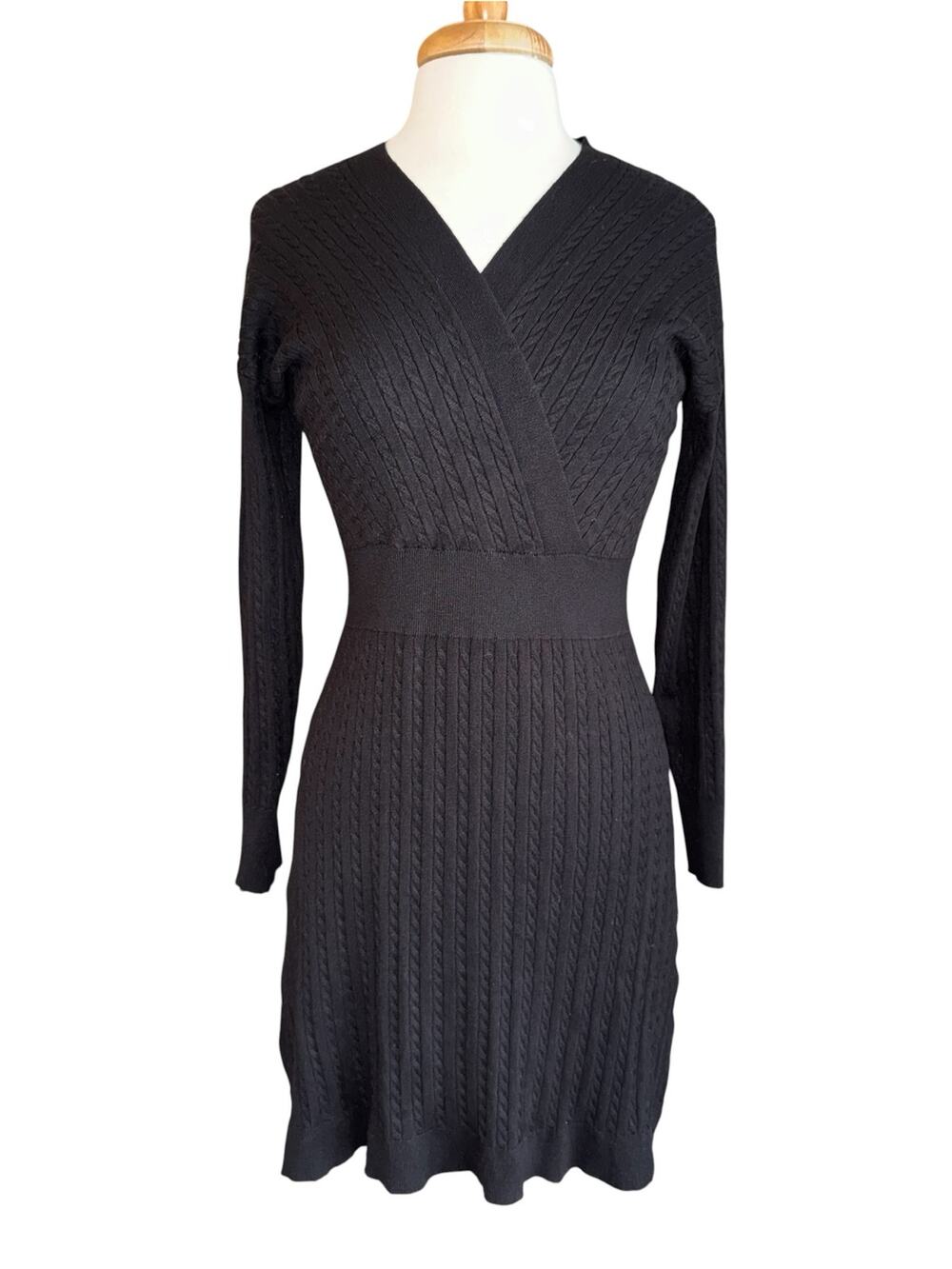 Lucky Brand V-neck Sweater Dress M Black Cable Knit Goth Girl LBD Fall Y2K